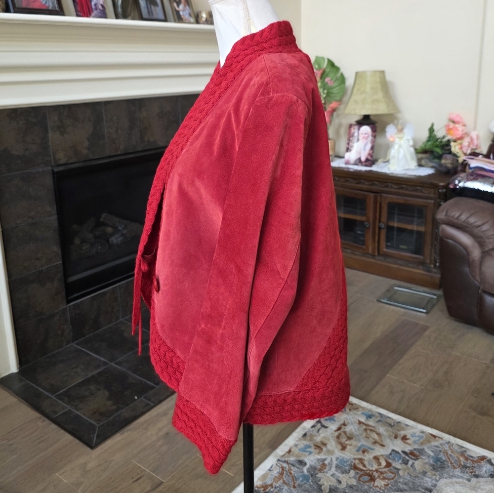 Coldwater Creek Red Suede Leather Cable Knit Jacket Size Large L - Picture 9 of 16